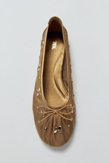 Zara MESH BALLET FLATS WITH RHINESTONES - Ocher