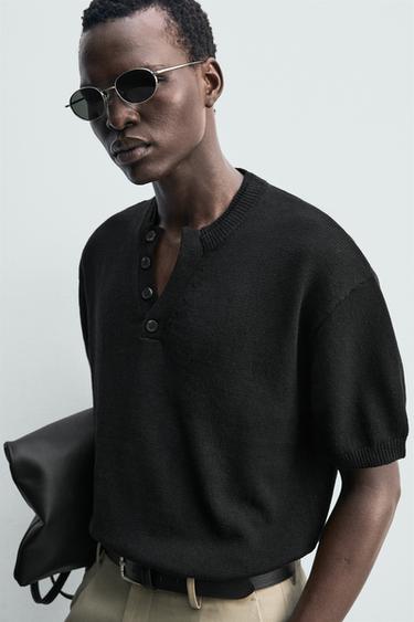 T-SHIRT EN MAILLE COTON ET LIN - Noir de Zara - Image 4