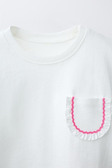 T-SHIRT WITH POCKET AND RUFFLE - White by Zara - Image 2
