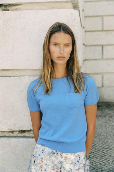 PLAIN KNIT TOP WITH SHORT SLEEVES - Blue by Zara