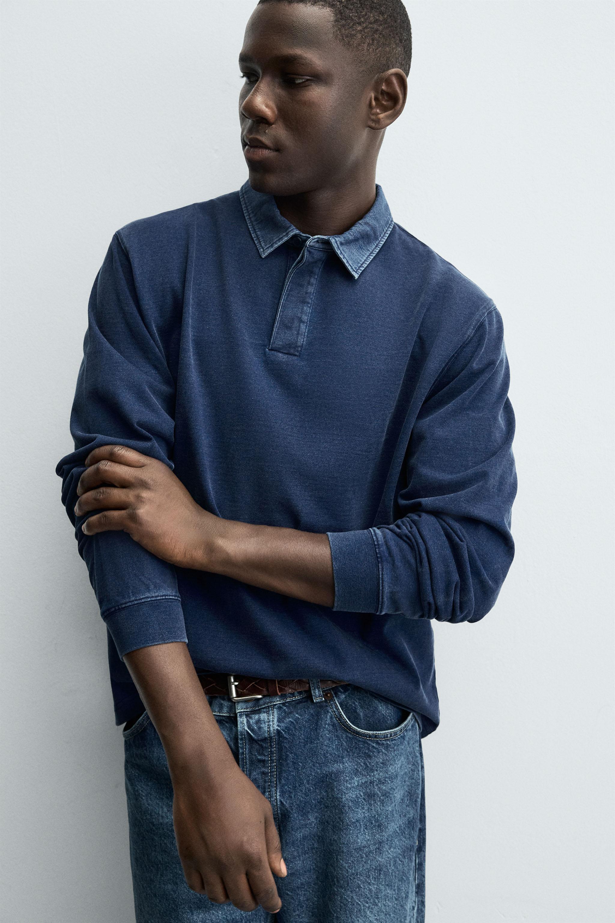 コントラストカラーネック ポロシャツ風スウェットシャツ - ブルー