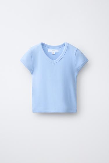 T-SHIRT CÔTELÉ COL EN V - Bleu ciel de Zara