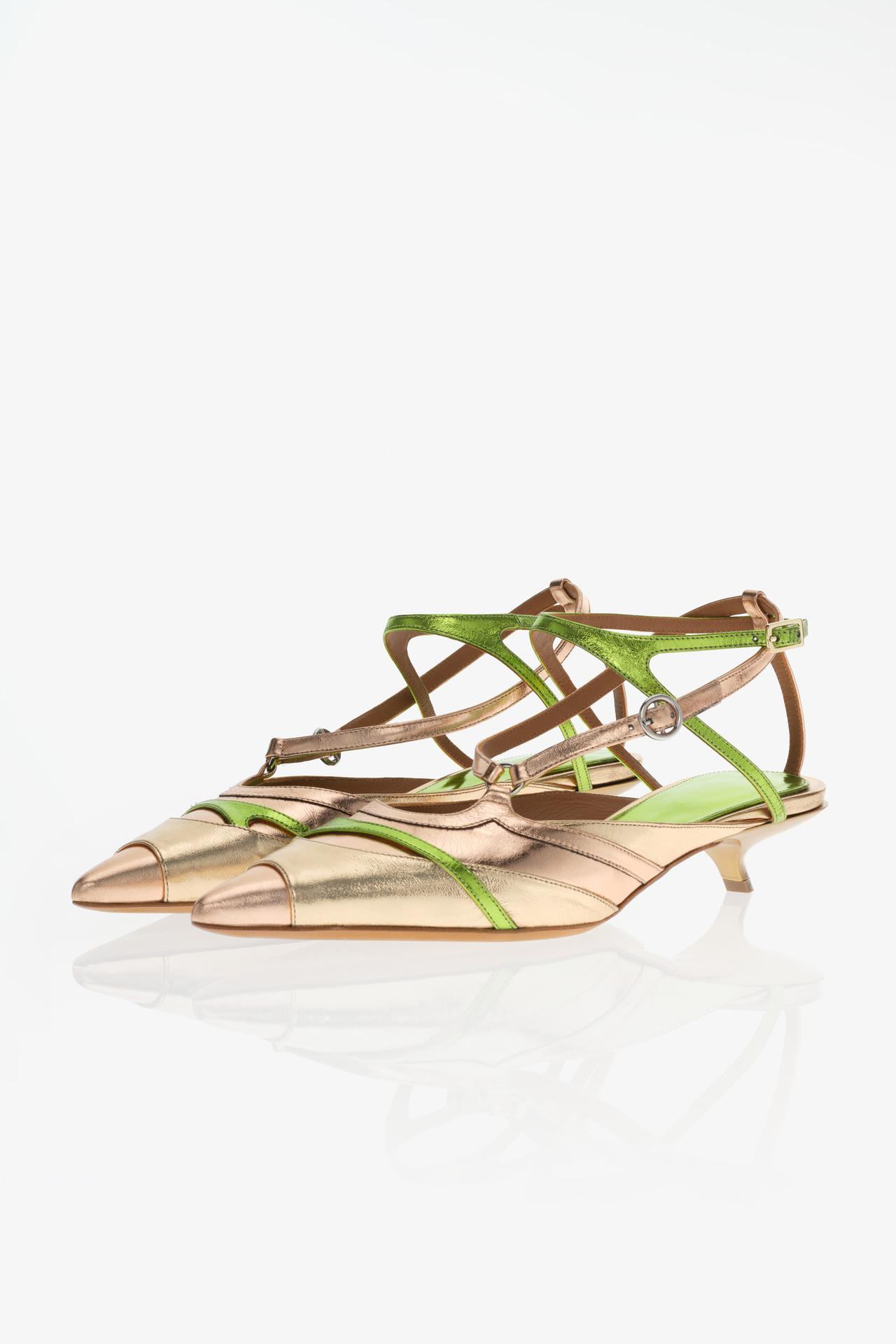 LIMITED EDITION LEATHER MULTI-STRAP KITTEN HEELS — Gold