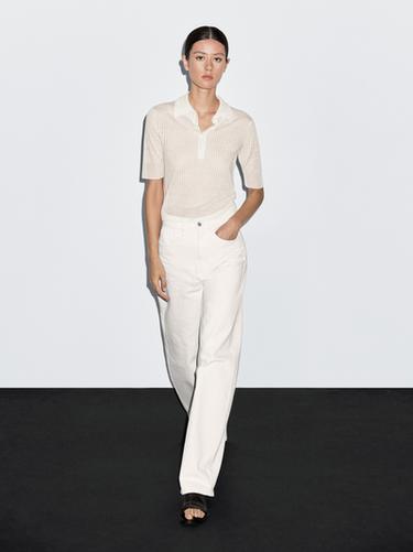 Jersey punto cuello polo calado - Crudo de Zara