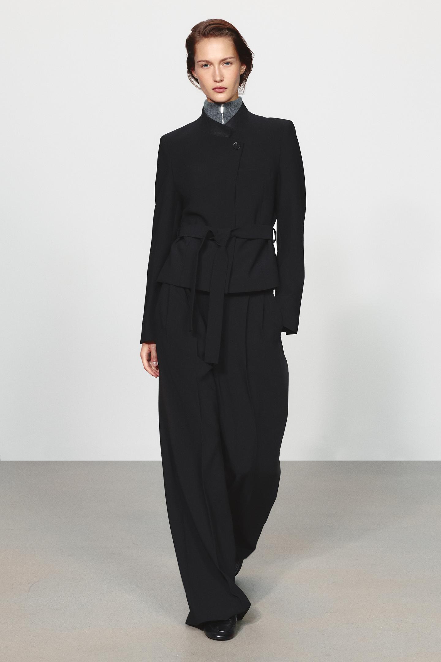 Женский пиджак Zara ZW Collection Striped Combined Collar Belted, цвет: Чёрный