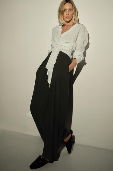 Zara ZW COLLECTION PLEATED WIDE LEG PANTS - Black