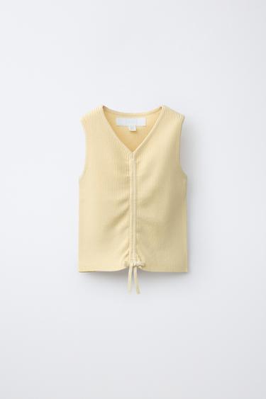 Zara RIBBED KNIT RUCHED TOP - Yellow
