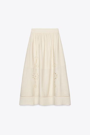CUTWORK EMBROIDERY MIDI SKIRT - Ecru by Zara