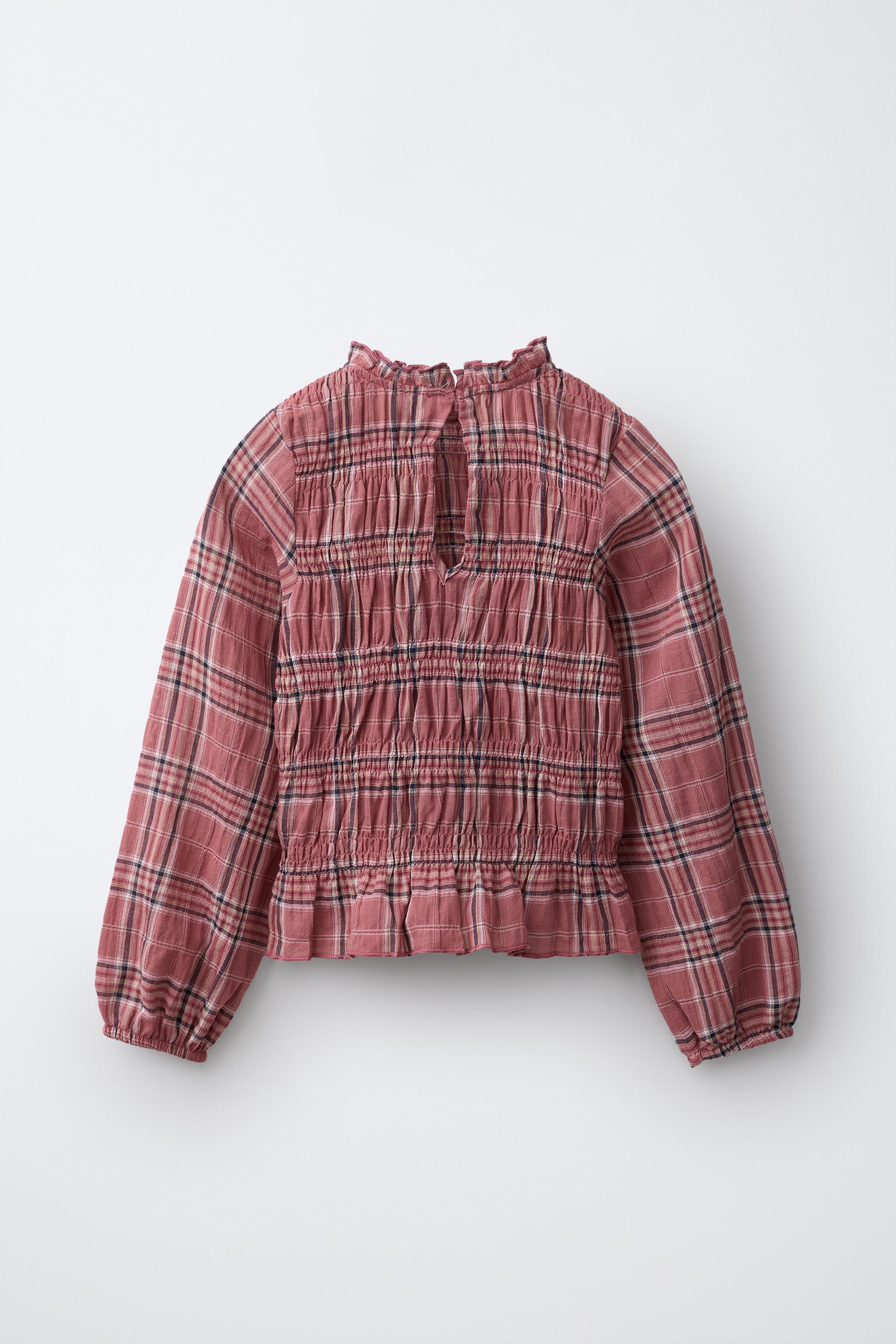 PLAID SHIRT WITH ELASTIC DETAIL — Dusty pink