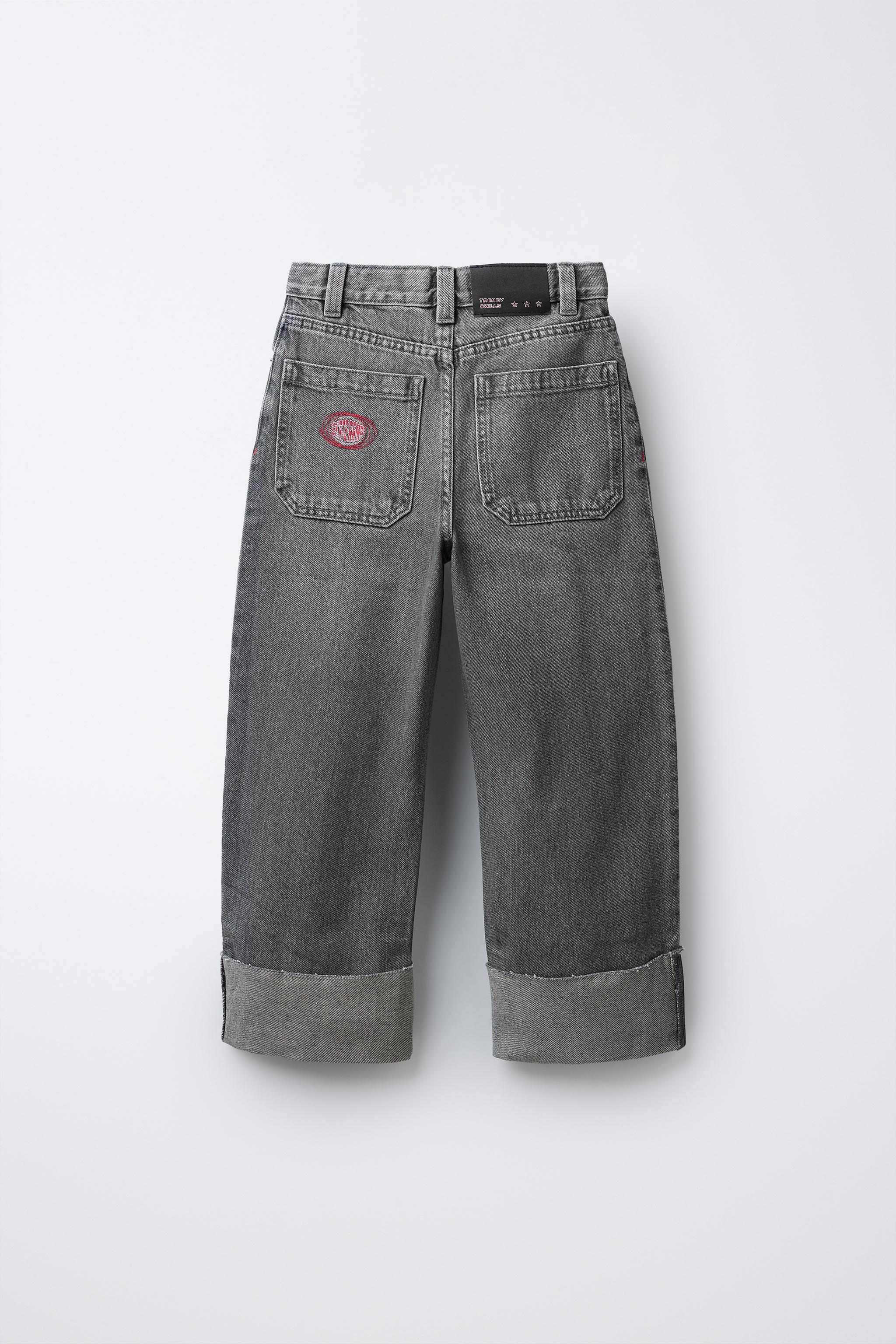 ワイドレッグ刺繍入りデニムパンツ - ミディアムグレー | ZARA Japan