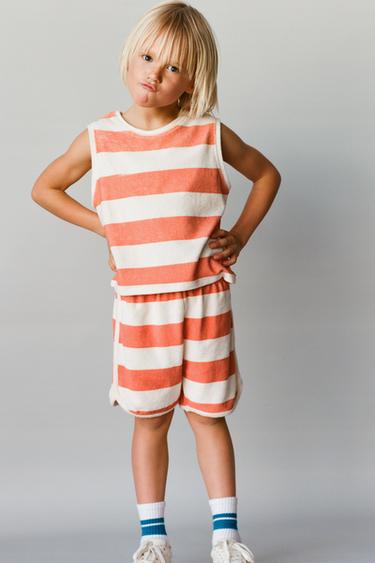 STRIPED TOWELLING T-SHIRT AND BERMUDA JOGGING SET - Coral by Zara