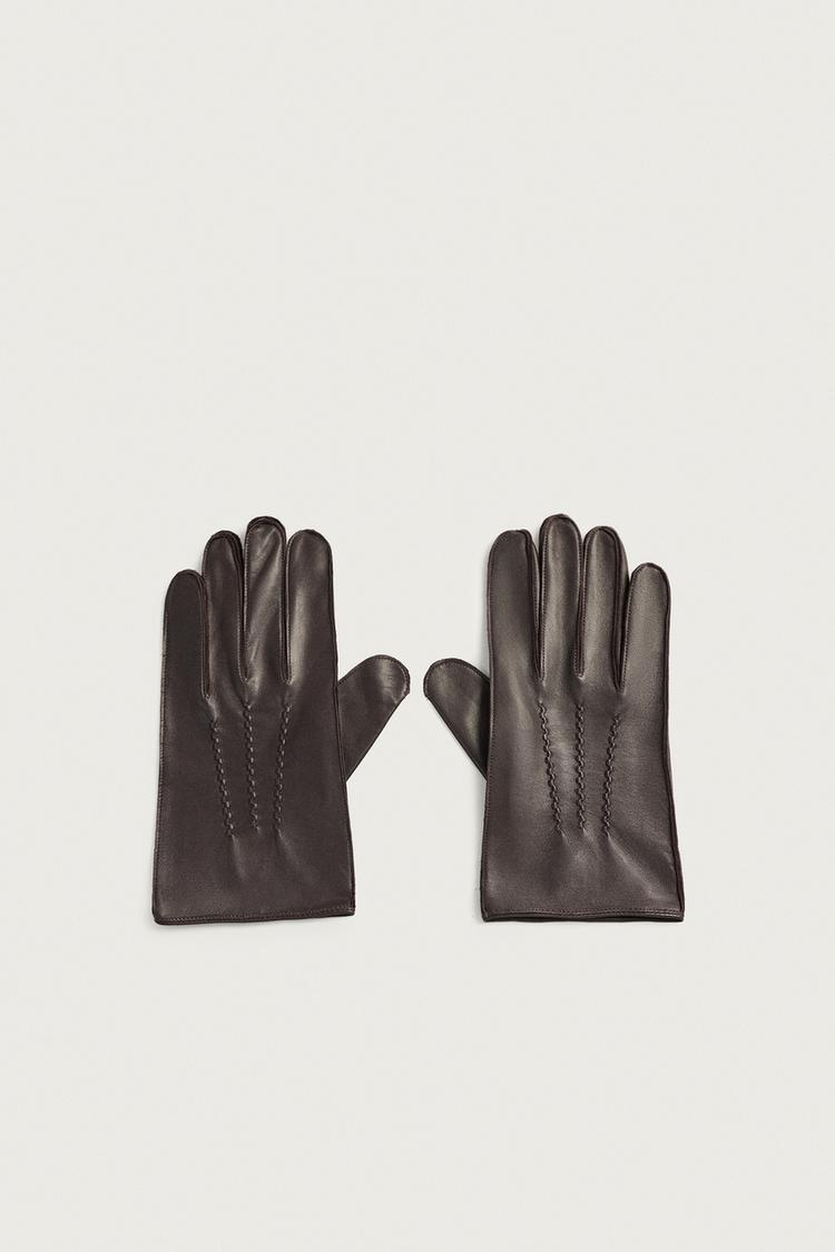LEATHER GLOVES WITH TOPSTITCHING — Dark plum