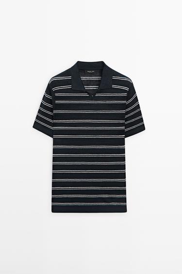 Zara Striped 100% linen V-neck polo shirt - Navy blue