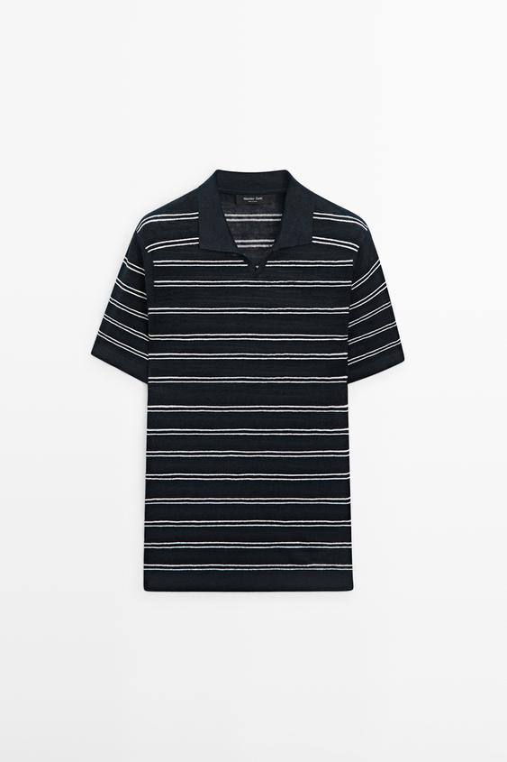 Striped 100% linen V-neck polo shirt from Zara - $130