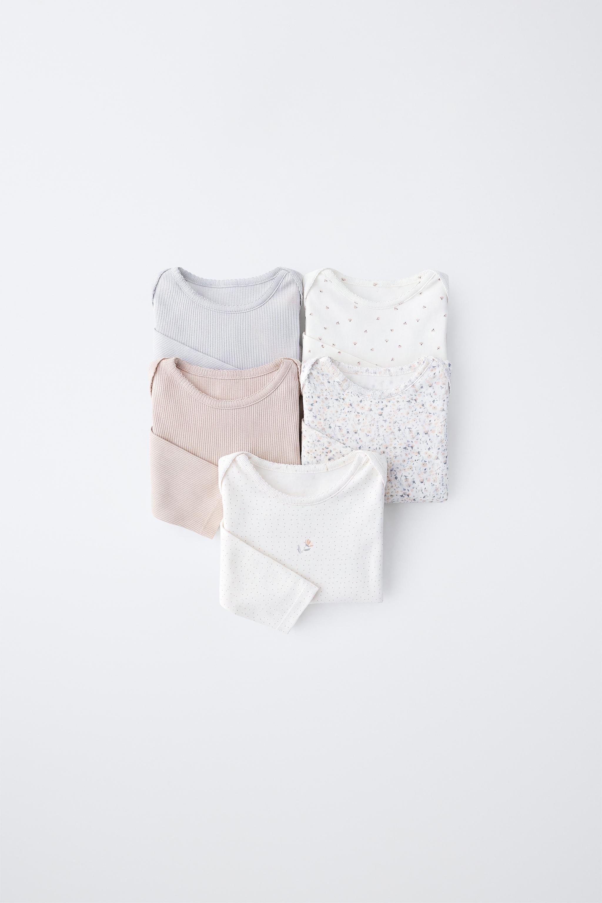 FIVE-PACK LONG SLEEVE FLORAL BODYSUTIS — Gray / Tan