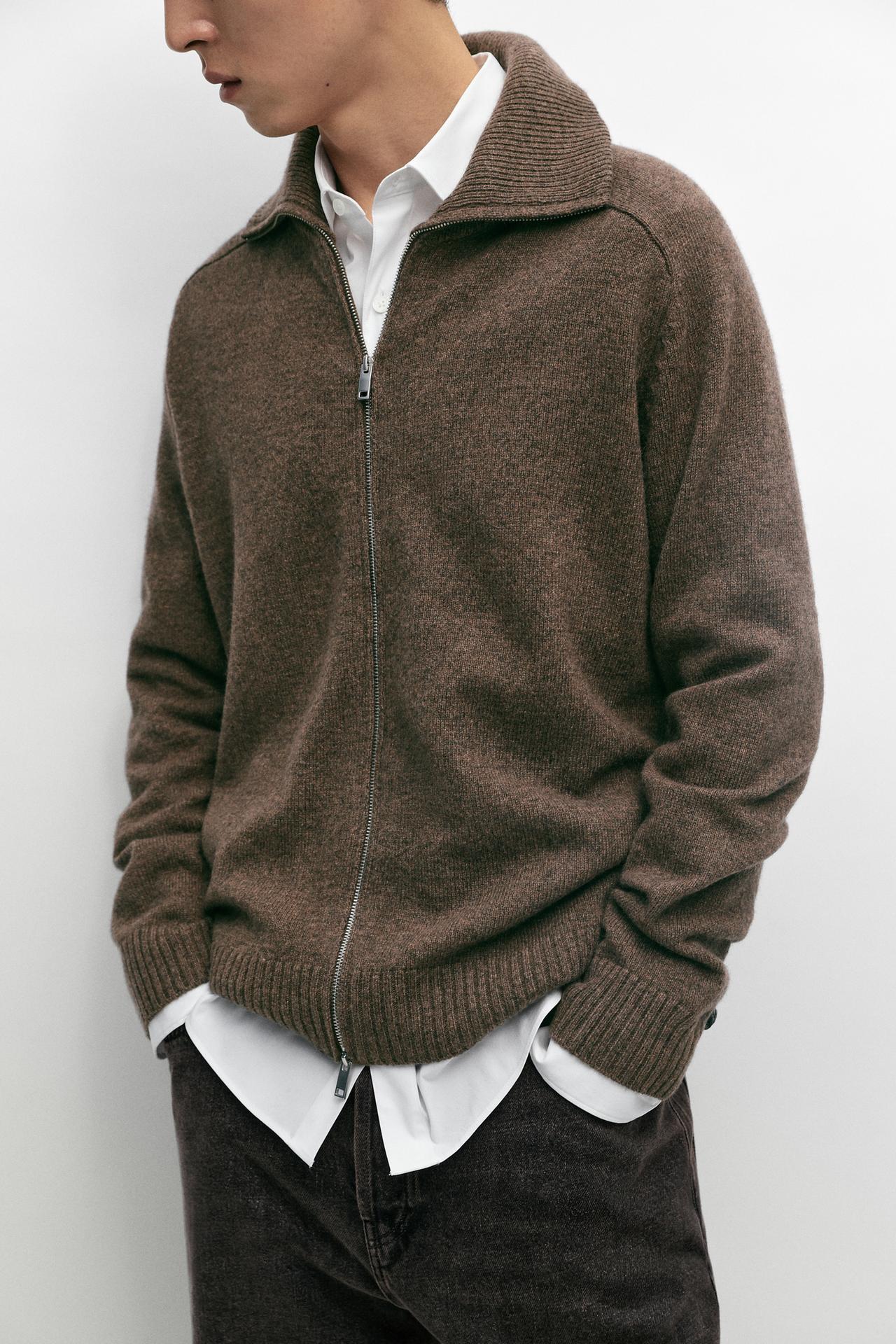 Wool blend zip-up knit cardigan — Tortoise shell