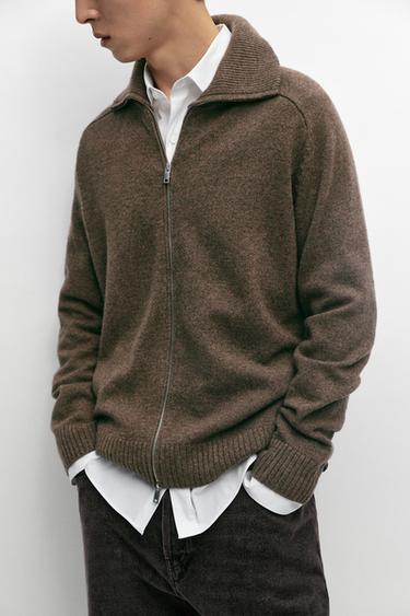 Wool blend zip-up knit cardigan — Tortoise shell 1