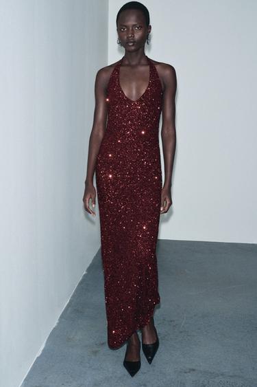 Zara SEQUIN V-NECK DRESS - Dark burgundy