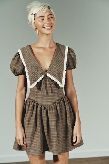 ROBE À CARREAUX COL CLAUDINE - Kaki de Zara - Image 3