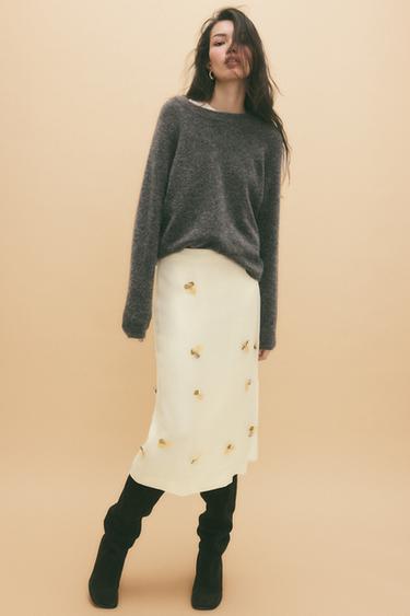 JEWEL FLOWER MIDI SKIRT - Ecru by Zara