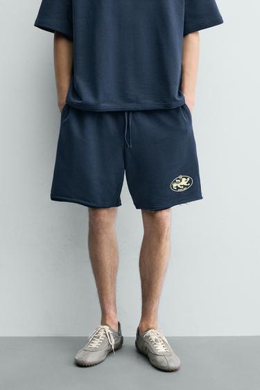 PRINTED GRAPHIC JOGGER BERMUDA SHORTS - Blue by Zara