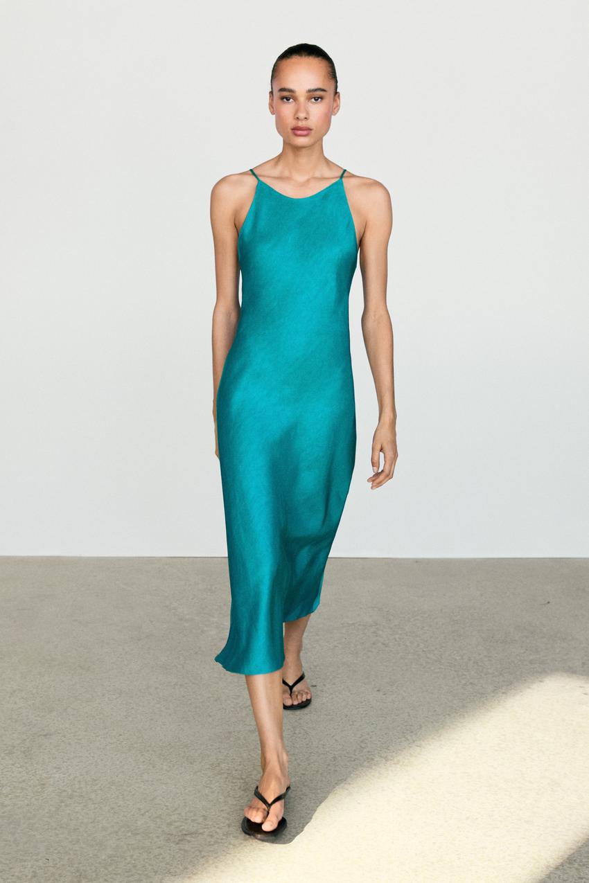 zara satin dress blue Flowing satin midi dress - Blue