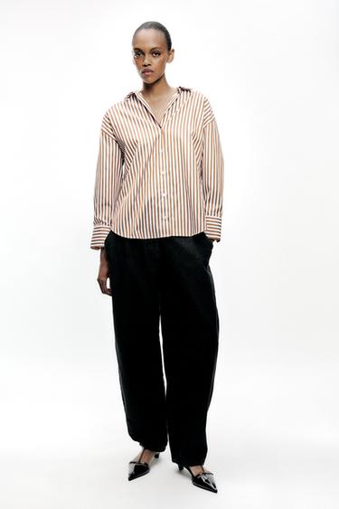 METALLIC THREAD STRIPED SHIRT - brown/white by Zara