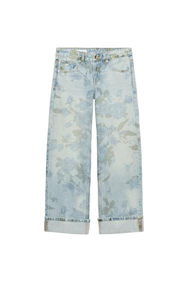 TRF LOW-RISE LOOSE FLORAL JEANS WITH TURN-UP HEMS - Blue by Zara
