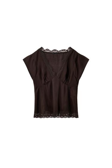 100% LYOCELL LACE TOP - Brown by Zara
