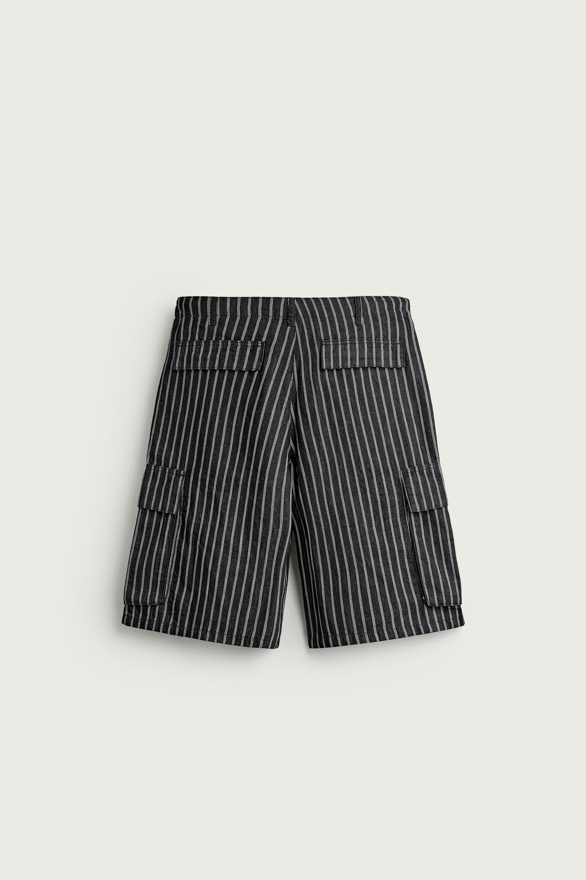 Мужские шорты Zara STRIPED COTTON-LINEN DENIM CARGO SHORTS — фото 7