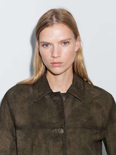 Zara Suede leather jacket with lined buttons - Green