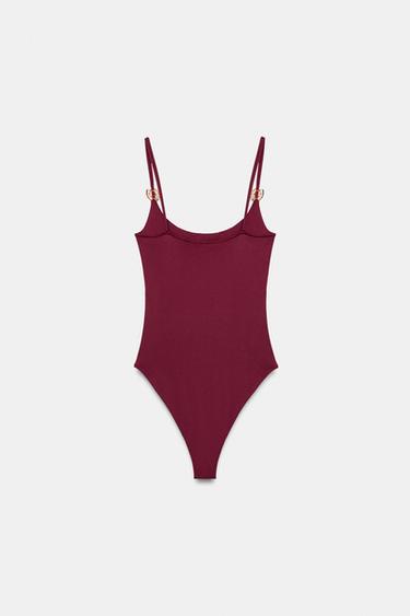 POLYAMIDE BODYSUIT WITH METALLIC TRIM - Burgundy by Zara - Image 4