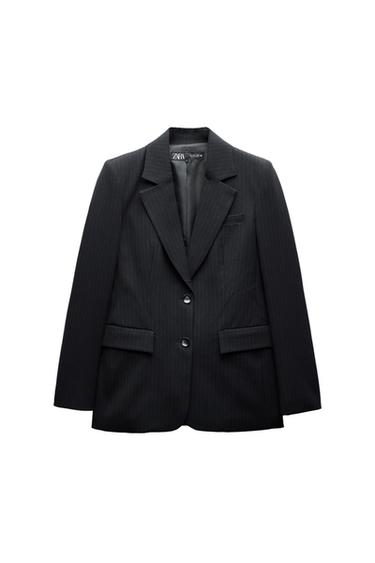 Front view of a black jacket with pinstripes, notch lapels, two buttons, and flap pockets.