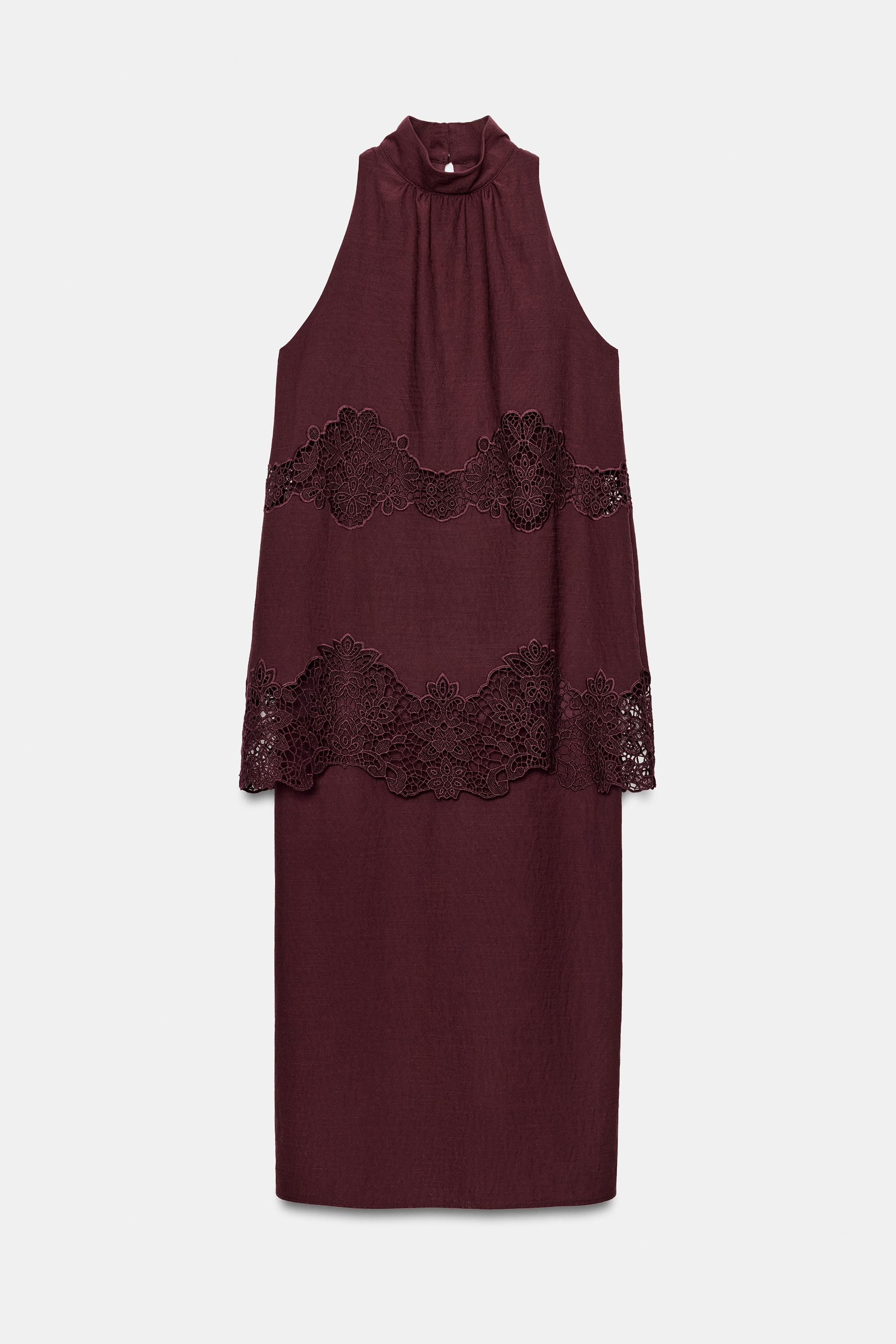 Женские платья Zara EMBROIDERED HALTER MIDI DRESS — фото 6