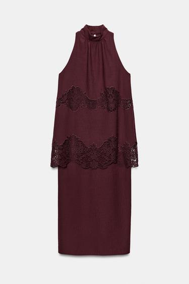 EMBROIDERED HALTER MIDI DRESS - Burgundy by Zara