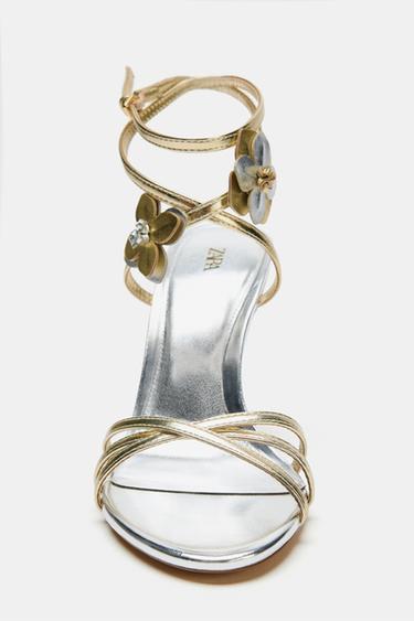METALLIC HEELED SANDALS WITH APPLIQUES — Gold 1