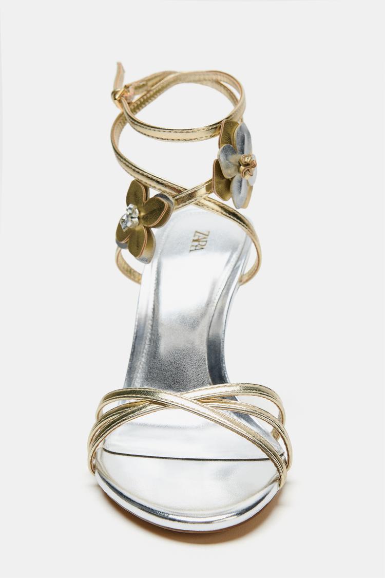 METALLIC HEELED SANDALS WITH APPLIQUES — Gold
