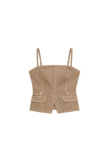 Zara Z1975 DENIM STRAPPY CROP TOP - Light camel