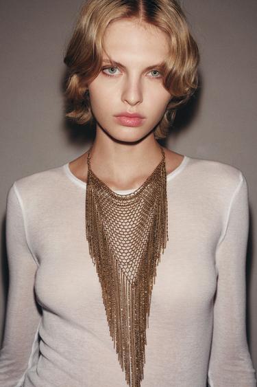 FRINGED BIB NECKLACE - Golden by Zara