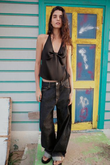 Zara SATIN EFFECT HALTER TOP - Black