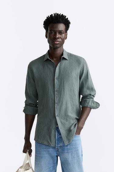 100% linen striped shirt · Blue, Green · Shirts