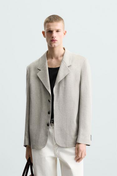 Zara LINEN TEXTURED WEAVE SUIT JACKET - Ecru / Black