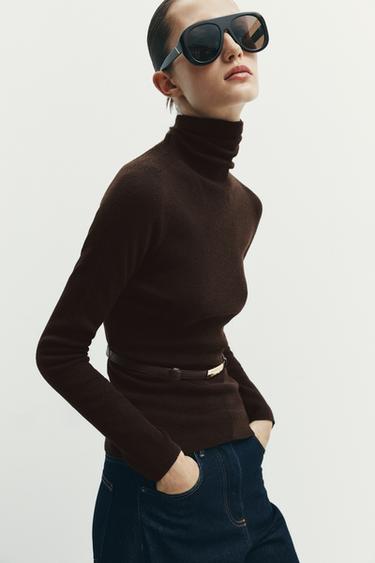 100% WOOL HIGH NECK JUMPER WITH BELT - Chocolate by Zara