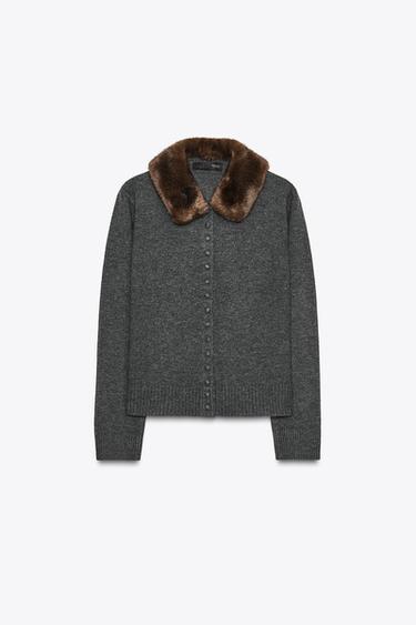 FAUX FUR LAPEL CARDIGAN - Anthracite grey by Zara - Image 4