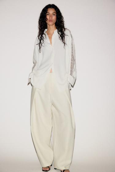 CAMISA COM RENDA - Branco-marfim da Zara