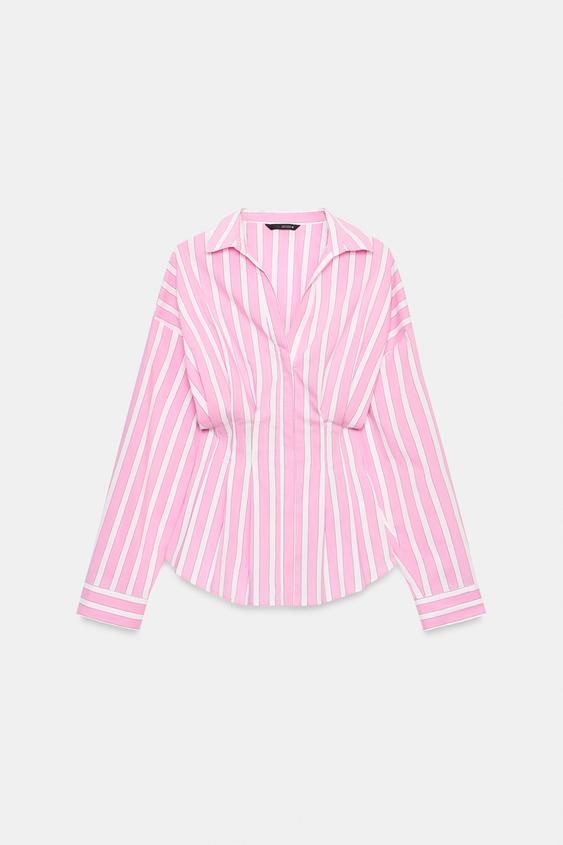 PLEATED STRIPED SHIRT - Pink / White by Zara - Image 6