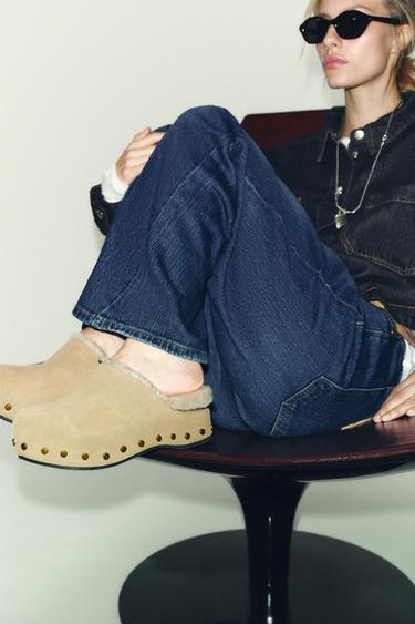 STUDDED SPLIT SUEDE CLOGS - Sand Brown by Zara