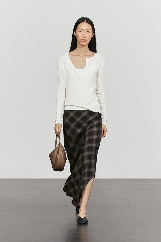 Zara Wool-cotton blend check midi skirt with split - Black - Image 0