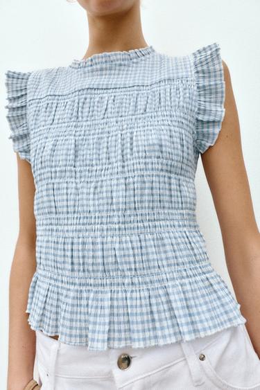 GINGHAM SMOCKED TOP - Ecru / Blue by Zara - Image 2