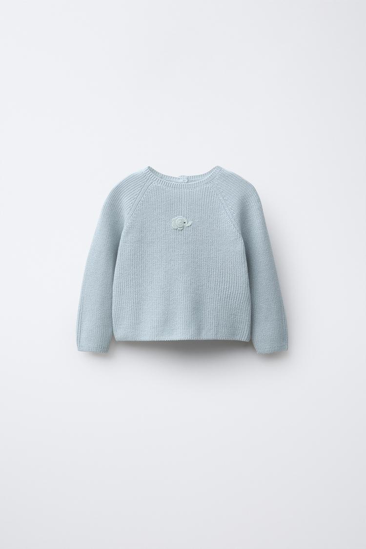 PULL EN MAILLE PERLÉE ÉLÉPHANT BRODÉ Bleu ciel ZARA France